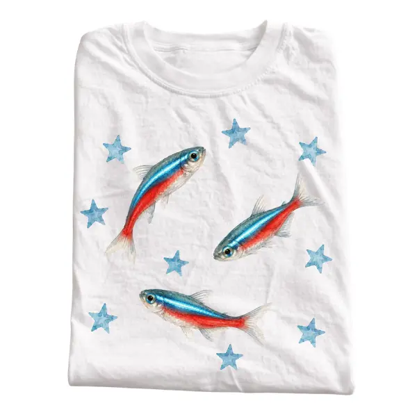 Vintage Neon Tetra Fish Graphic T-Shirt, Colorful Tropical Aquarium Fish Tee, Freshwater Aquatic Life Cotton Crewneck Shirt, Fish Lover Gift for Men & Women