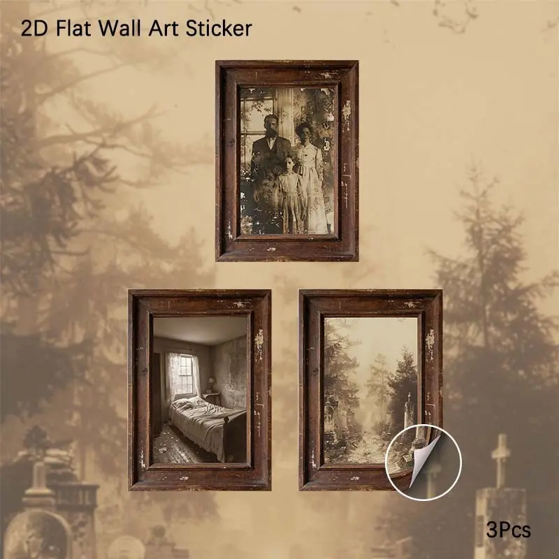 2D Flat Wall Art Sticker, 3Pcs PVC Self-Adhesive Framed Wallpaper Sticker, Vintage Scary Ghost Portrait Wall Decals, Retro Horror Haunted House Themed Wall Decor for Living Room, Bedroom, Dorm, Bar, Perfect Gift for Halloween Lovers, Horror Enthusiasts