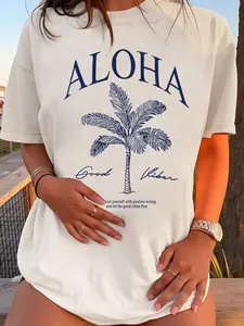 Aloha Good Vibes Hawaiian Palm Tree White T-Shirt | Casual Coastal Streetwear Top | Premium Cotton Fabric | Retro Tropical Beach Aesthetic | Relaxed Oversized Fit | Eye-Catching Palm Tree & Script Print | Versatile Daily Wear | Perfect for Beach/Summer