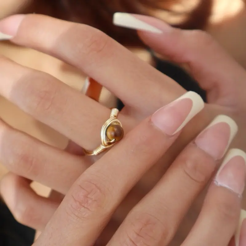 Brown Jade Stone Wire Ring - Handcrafted with Natural Stone for Unique Style
