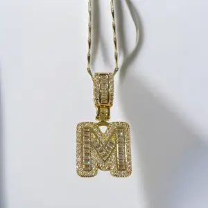 Letter M Rock Candy Pendant 14K Gold Plated Copper Necklace with Pavé Setting Bold Design for Adults Unisex Jewelry