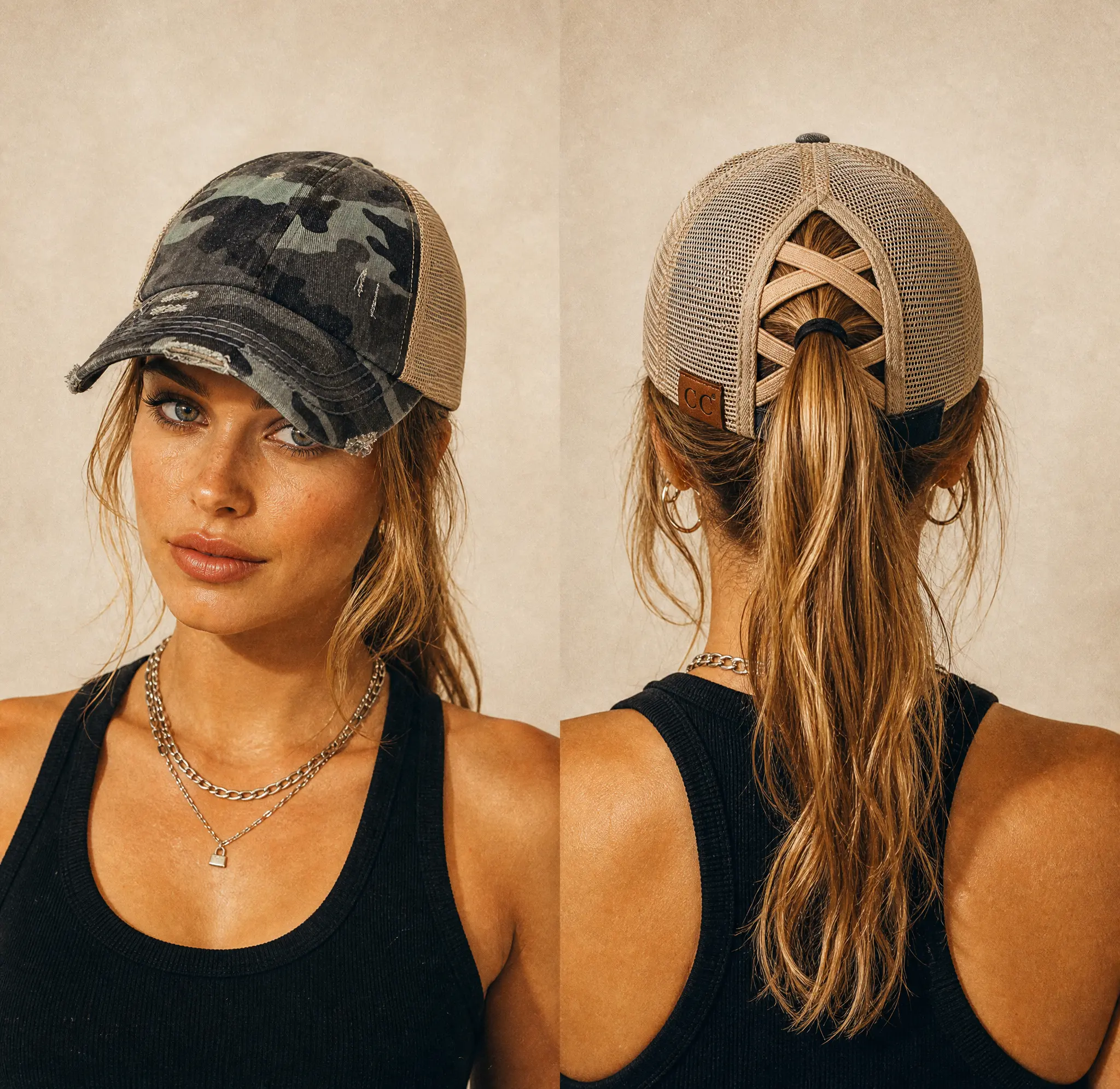 C.C Criss-Cross Ponytail Cap Washed Cotton Twill Camouflage in Mesh Elastic Band for Women Distressed Camo Baseball Mesh Hat Casual Hat, Perfect for Memorial Day and July 4th