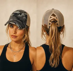 C.C Criss-Cross Ponytail Cap Washed Cotton Twill Camouflage in Mesh Elastic Band for Women Distressed Camo Baseball Mesh Hat Casual Hat, Perfect for Memorial Day and July 4th