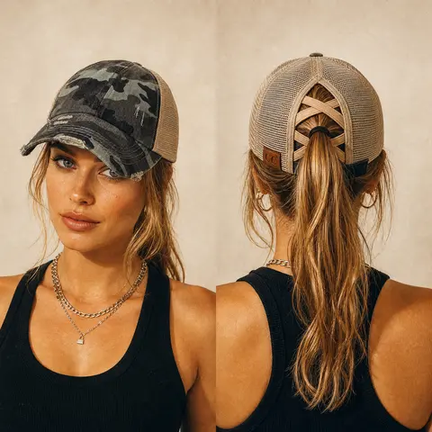 C.C Criss-Cross Ponytail Cap Washed Cotton Twill Camouflage in Mesh Elastic Band for Women Distressed Camo Baseball Mesh Hat Casual Hat, Perfect for Memorial Day and July 4th