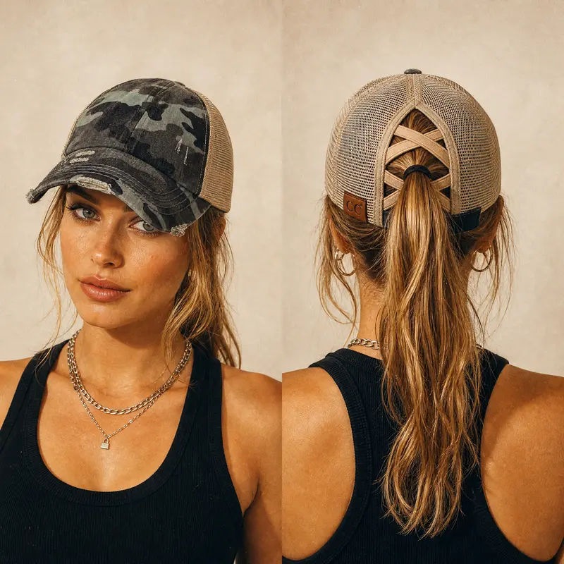 C.C Criss-Cross Ponytail Cap Washed Cotton Twill Camouflage in Mesh Elastic Band for Women Distressed Camo Baseball Mesh Hat Casual Hat, Perfect for Memorial Day and July 4th