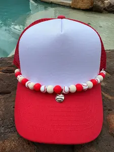Baseball Bead Chains for Trucker Hats - Red and White Beads, Adjustable Design, Perfect for Summer Wear