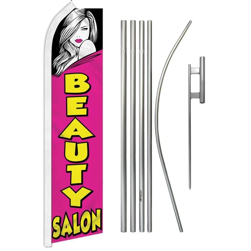11.5ft x 2.5ft Large Advertising Beauty Salon Banner Flag & Pole Kit - 16ft Tall In-Ground Windproof Festive Flag, Steel-Aluminium Interlock Poles, Steel Material, Outdoor Synthetic Polyester Fabric, Unique Print, Home Festive Backdrops