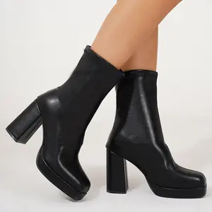 Women's Square Toe Ankle Boots High Chunky Block Heel Platform Slip-On Stretch Booties PU Warm Winter Dress Shoes