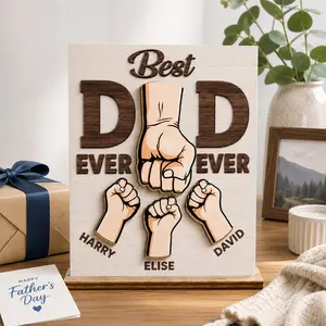 Personalized Double Layer Wooden Dad Plaque Custom Kids Names 6 Styles 4 Skin Colors Fist Bump Family Sign Best Dad Ever Desk Decor Fathers Day 2026 Gift For Dad Gift For Husband Gift From Kids Room Decor Home Decor