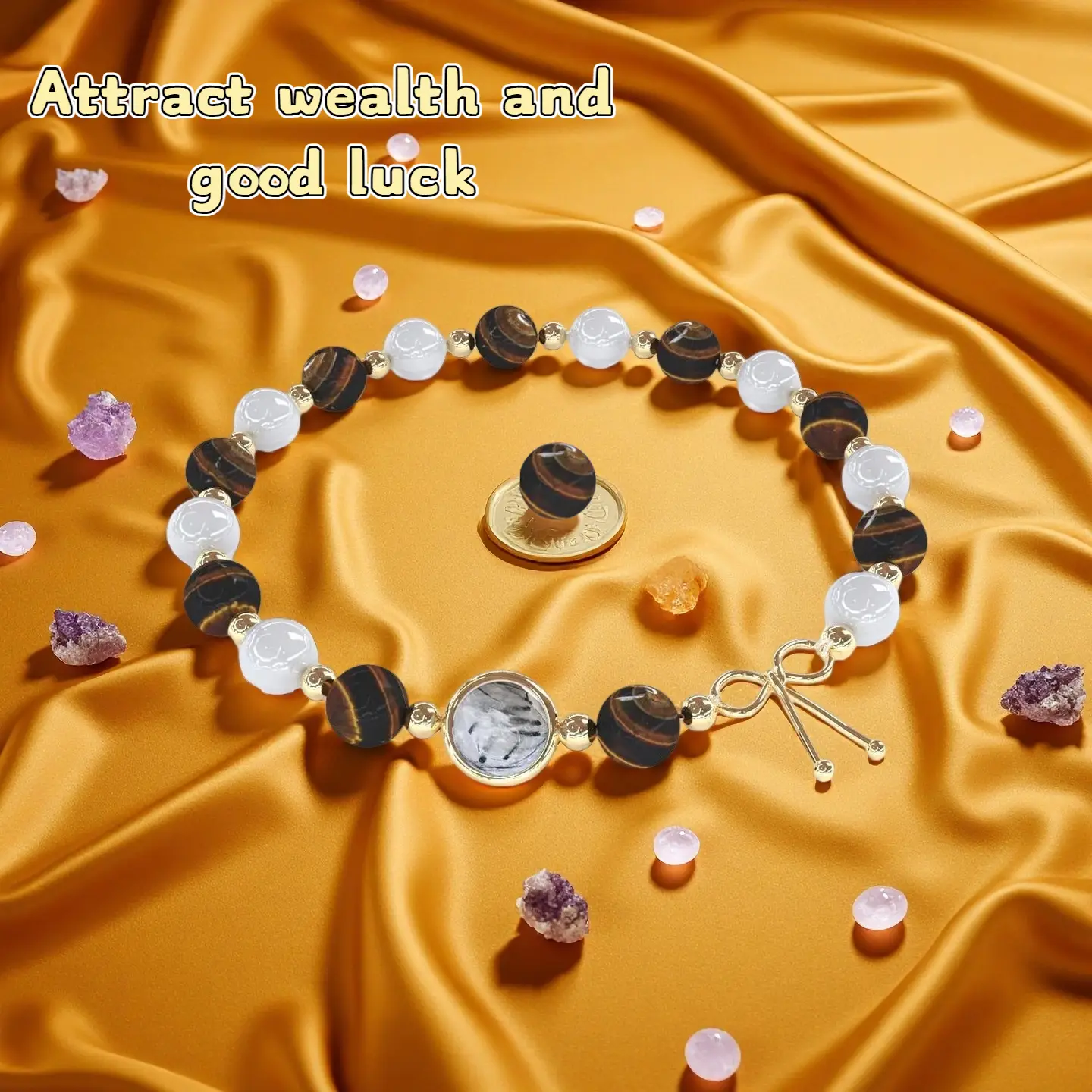 DUJO Fashion Gold Bow Tiger Eye Stone Bracelet – 18K Gold-Plated Crystal Fortune-Attracting Design, Balancing Chakra Healing Energy Yoga Bracelet, A L