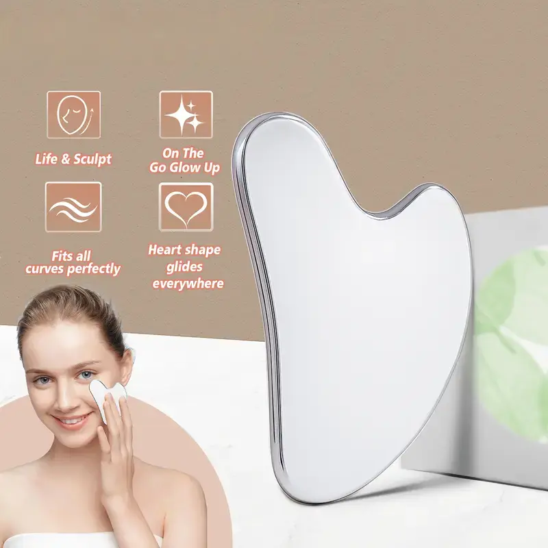 Stainless steel gua sha facial tool. Comfortable gua sha tool for facial or body massage. Skincare tools for body care—essential metal beauty items