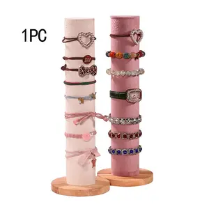 1PC Wooden Base Hair Accessory Display Stand, Elastic Bands Organizer, Bracelet Watch Holder, Round Column Hair Ornament Rack