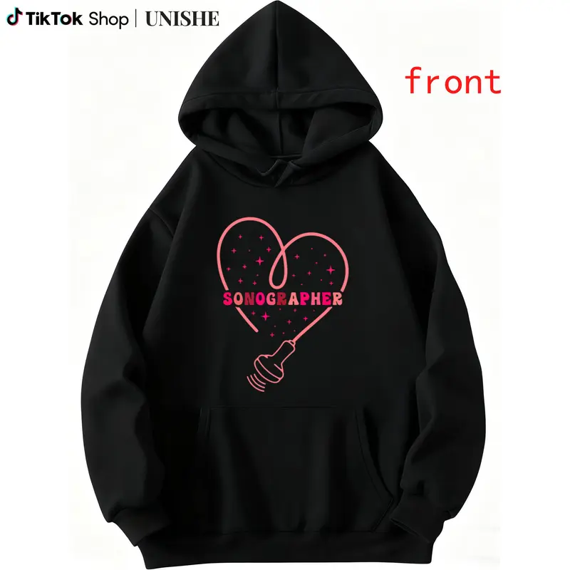 Black Long Sleeve Hoodie with Pink Heart – Echocardiogram Festival Unisex Comfortable Top
