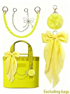 4Pcs Yellow Bow Bag Accessories Set, Pearl & Crystal Bow Chain + Yellow Acrylic Chain + Yellow Fluffy Pom Pom + Textured Bow Scarf, Decorative Charms for Tote Bags, Handbags, Trendy Bag Charms