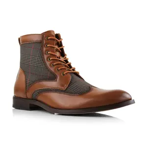 Ferro Aldo Gideon wing-tip mid-top dress boots, in Plaid Cognac, Men's Size 6.5 - 13