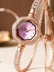 Women's Floral-Inspired Watch, Rose Gold Case with Full Diamond Bezel, Gradient Dial, Wave Outline, Quartz Movement, Casual Style
