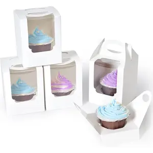 Cupcake Boxes 50 count, Individual Cupcake Containers White with Window Insert and Handle, Pastry Box Single Muffins Holder Disposable for Bakery Wrapping Party Favor Packaging