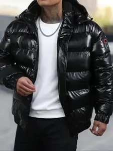 Men's Winter PU Leather Cotton Jacket, Casual Slim-Fitting Plaid Design, Thick Warm Outdoor Sport Coat with Detachable Hat