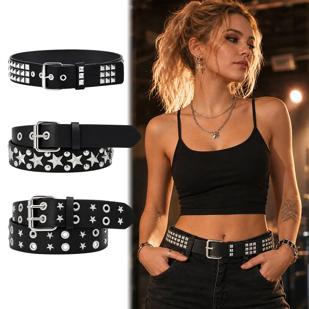 3Pcs Black Studded Belt Y2K Belt Star Gothic Punk Rock Belts with Grommet Threads Bright Metal Pyramid for Women Men - Home Improvement.