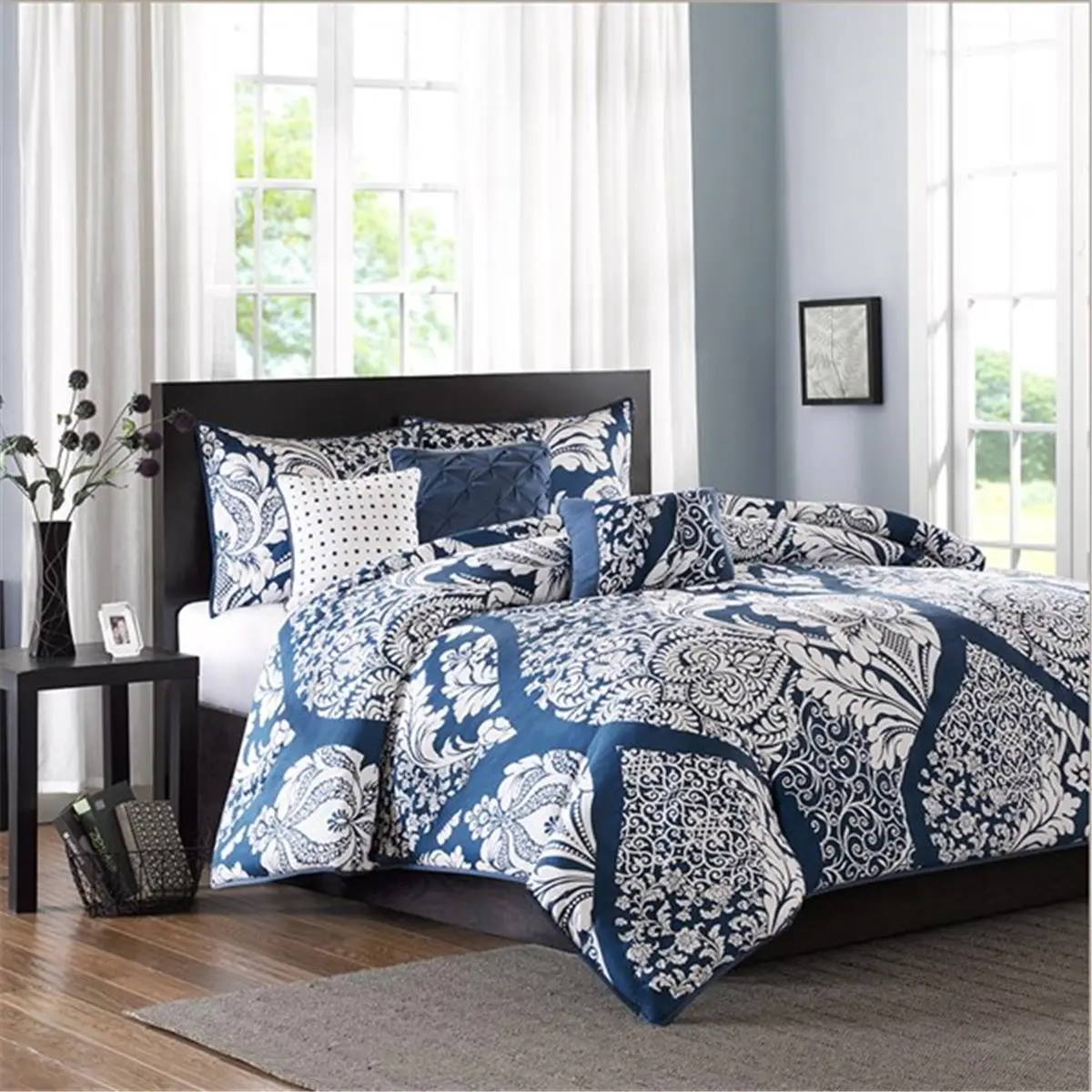 212 MAIN Indigo 6-Piece 100% Cotton Printed Bedding Set - Quilt Set with Leaf Motif, Tufted Pillows for King, Cal King Reptile & Amphibian Decorations, Bedding Sets