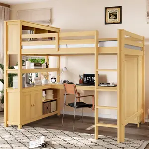 [Bellemave]Wood Loft Bed with Cabinet and Bookshelf, Queen Size Loft with Wardrobe and Desk for Kids,Natural