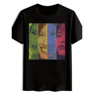 Men's Casual Crew Neck T-Shirt, Four Tone Female Portrait Selena Print, Black All-Match Graphic Top, Perfect Gift for Him