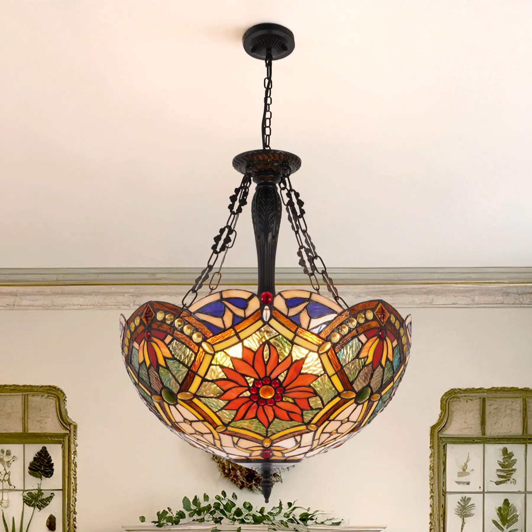 20-Inch 5-Light Tiffany-Style Vintage Stained Glass Chandelier for Living Room Bedroom Kitchen Hallway