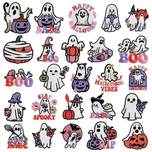 25pcs Cute Patches Iron On Halloween Spooky Pumpkin & Haunted House DesignsPatches Embroidered Applique Cute Pumpkin Boo Iron On for Clothes Hats Backpacks Jackets Accessories