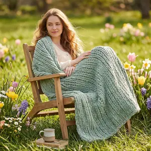 Chunky Knit Throw Blanket for Couch, Soft Chenille  Crochet Throw Rope Knot Blanket for Couch, 50"x60", Sage Green