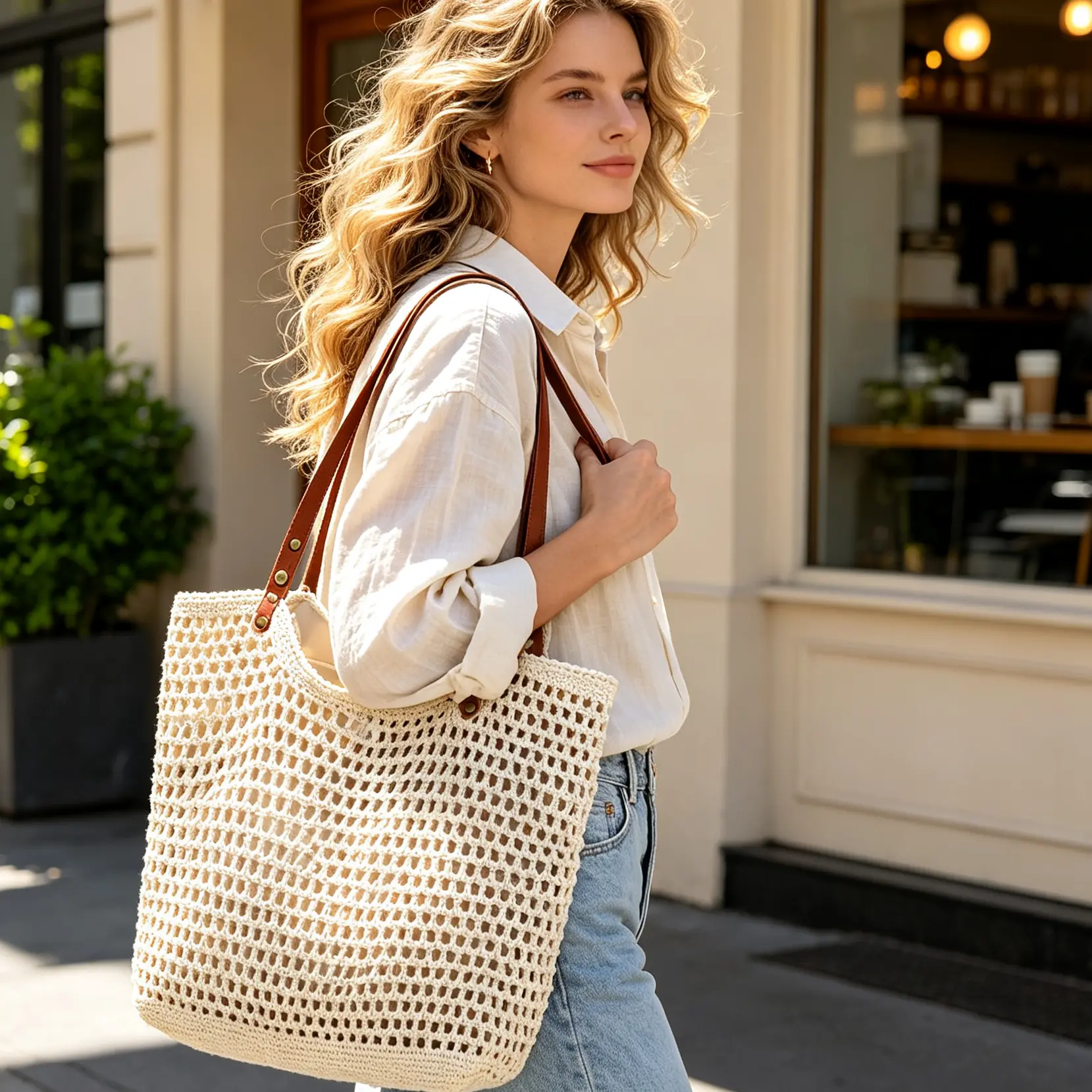 Women's Bohemian crochet beach tote bag, large capacity hollow knitted shoulder bag with lining, simple and casual daily tote bag for beach travel