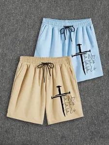 Unisex Christian Cross Pattern Shorts, Loose Fit Drawstring Waist, Casual Street Style, Graphic Print Design, Natural Waist, Daily Wear