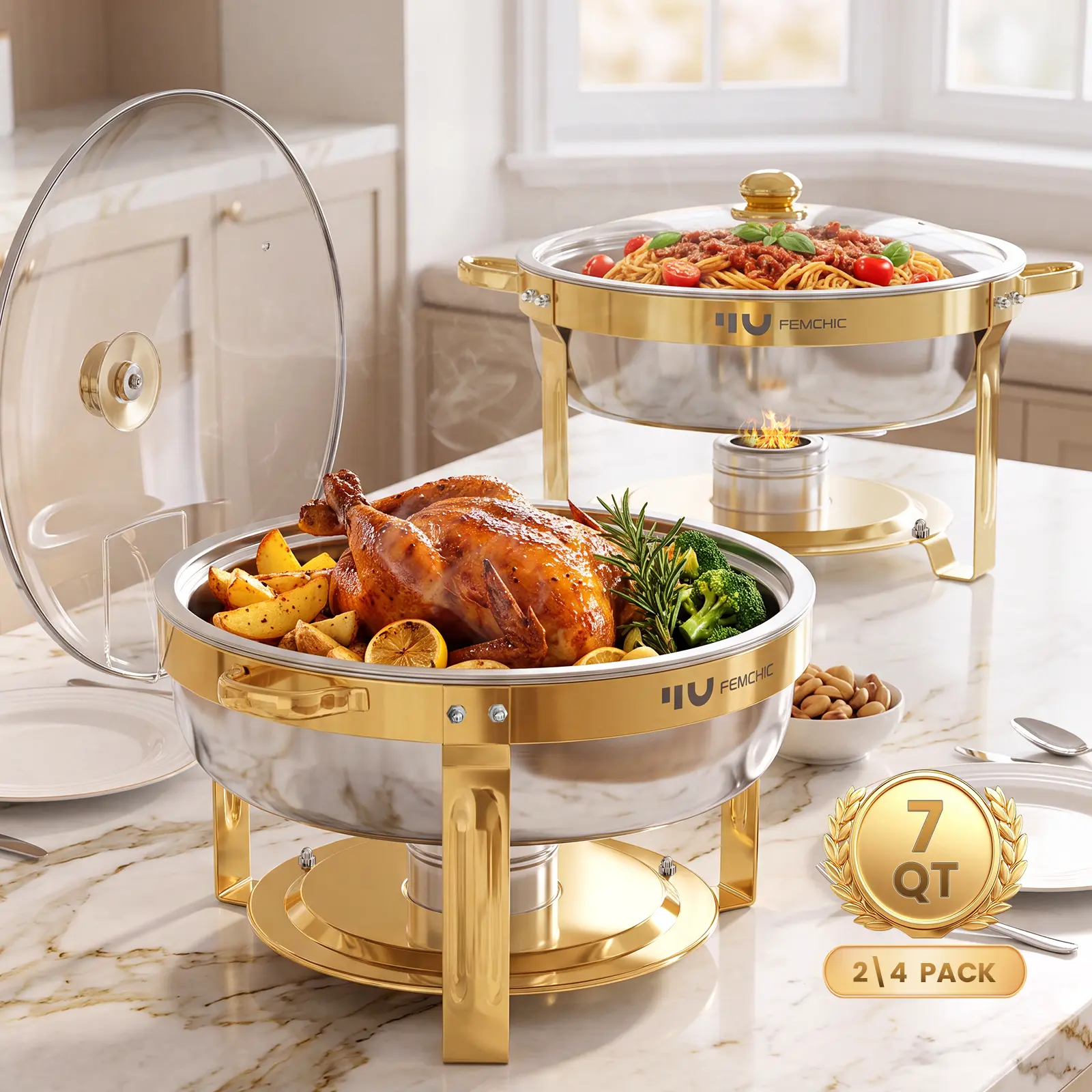 Femchic 7QT Gold Chafing Dish Buffet Set, 2/4 Pack Stainless Steel Round Chafer Set with Glass Lid, Stackable & Smooth Rim, Dishwasher Safe, for Catering, Parties, Weddings & Holiday Gatherings
