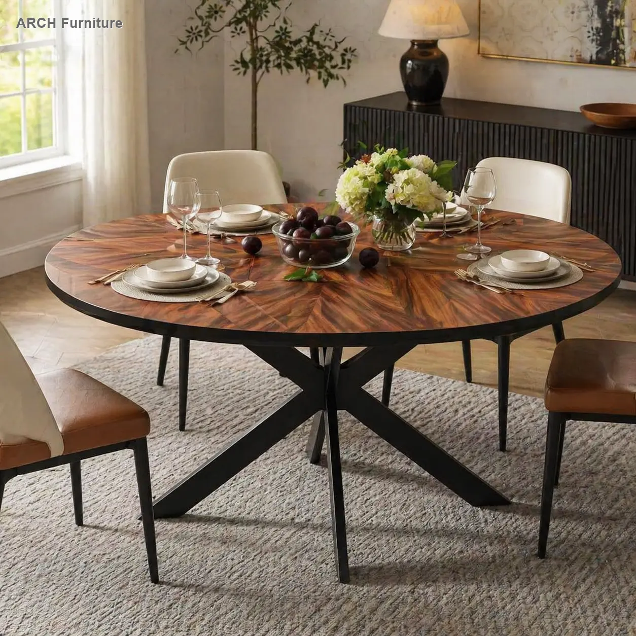 ARCH Expandable Round Dining Table, 47.2"-63" Extendable for 4-6 People, Solid Wood Tabletop, Metal Frame, Walnut Indoor Dining Room Furniture, Expandable Dining Tables