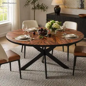 ARCH 47.2"-63" Extendable Round Dining Table for 4-6, Solid Wood Tabletop & Metal Frame, Walnut Dining Room Furniture