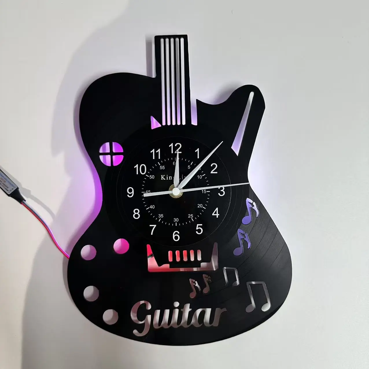 Guitar Shape Vinyl Record Wall Clock, 7 Color Modes, Silent Operation, Quartz Movement, Modern Music Theme Decor for Living Room, Bedroom, Office