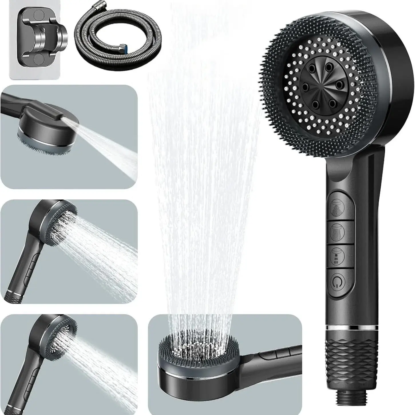 High-pressure shower head with filter, 4 spray patterns, 5-stage water filter, 1.5 m hose, bathroom accessories