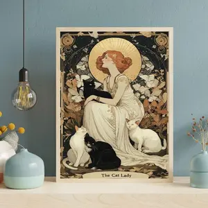 Vintage Cat Wall Art Print, Art Nouveau Cat Lady Illustration, Feminine Boho Cottagecore Decor