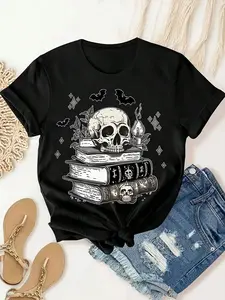 Women's Gothic Skull Book Graphic T-Shirt - Black Casual Crew Neck Short Sleeve Tee with Bat & Pentagram Design Soft Breathable Fabric for Summer Outdoor & Halloween Apparel Comfortable Fit Cotton Top