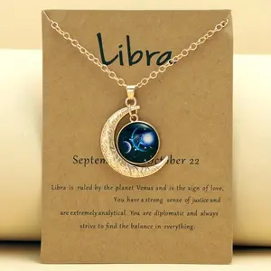 Glow-in-the-Dark Zodiac Necklace with Vintage Moon Pendant - Stylish Aquarius/Sagittarius/Leo/Leprechaun/Night & Sun Signs, Colorful Glass Charms, Zinc Alloy, Perfect Gift for Men