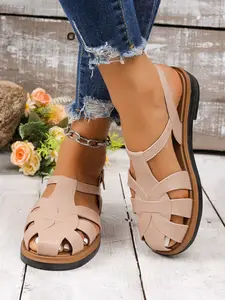 European and American Retro Hollow Out Woven Toe Sandals, Back Strap Buckle Thick Sole Anti-Slip Shoes, Summer Casual Comfortable Women's Shoes