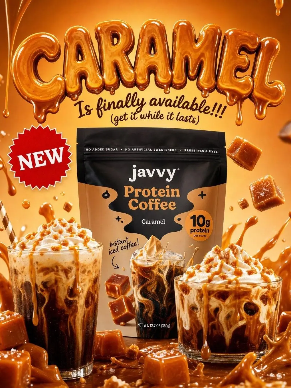 Javvy Caramel Protein Iced Coffee - Premium Whey Protein & Instant Iced Coffees - 100% Natural Cold Brew - Zero Artificial Flavors & Sweeteners, 80 mg Caffeine Per Serving, No Added Sugar, 20 Servings