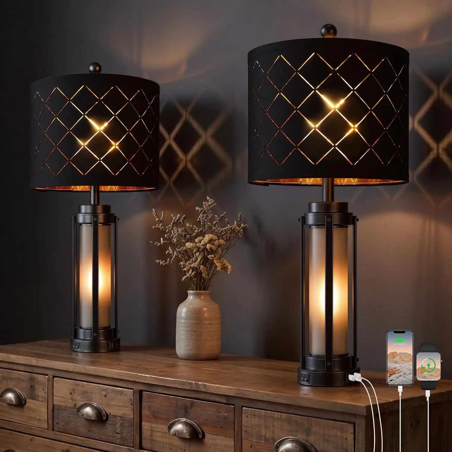 Eterfun 27'' Modern Aesthetic Metal Frame Side Table Lamp Set of 2 with Nightlight, Black Accent Light Lamps Bases & Shades, 3CCT Memory, USB-A+C Ports, Dual Switches, E26 Socket, 2 Bulbs Included for Bedroom, Living Room