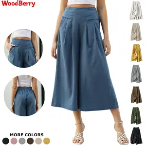 WoodBerry Women's Cotton Linen Culottes Pants Elastic Waist Wide Leg Casual Palazzo Trousers Capri Pants with Pockets