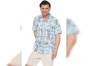 Men's Resort Style Casual Linen Blend Colorful Tropical Leaf Print Shirt