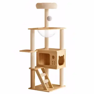 Donext 48.8" Modern Cat Tower Wood Cat Tree with Sisal-Covered Scratching Posts & Top Perch Acrylic Hammock for Small Large Cats
