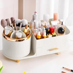 Rotating Makeup Organizer for Vanity with Brush Holder and Drawer,  Makeup Storage, Large Spinning Makeup Skincare Organizer, Countertop Makeup Perfume Organizer,  Display Case (White)