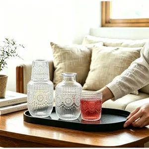 4-Piece Glass Bedside Carafe and Tumbler Set - 18 oz Water Pitcher & 5 oz Cup, Elegant Nightstand Carafe with Glass Lid for Bedroom, Guest Room, Office, and Bathroom