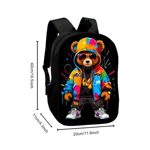 Lightweight Cartoon Bear Backpack: Casual School Bags with Zip Closure, Adjustable Straps, and Vibrant Print Design for Women and Men