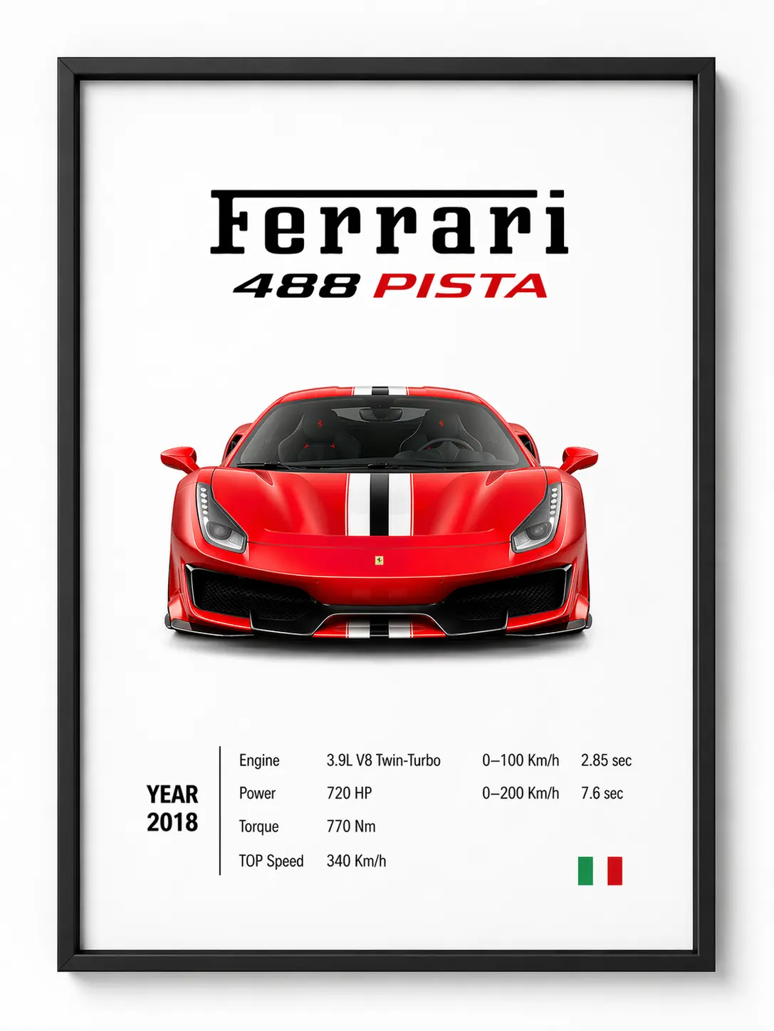 Ferrari 488 Pista | Poster Decor Luxury Print Wall Art | Decor With Black Frame | Gift for Car Lovers