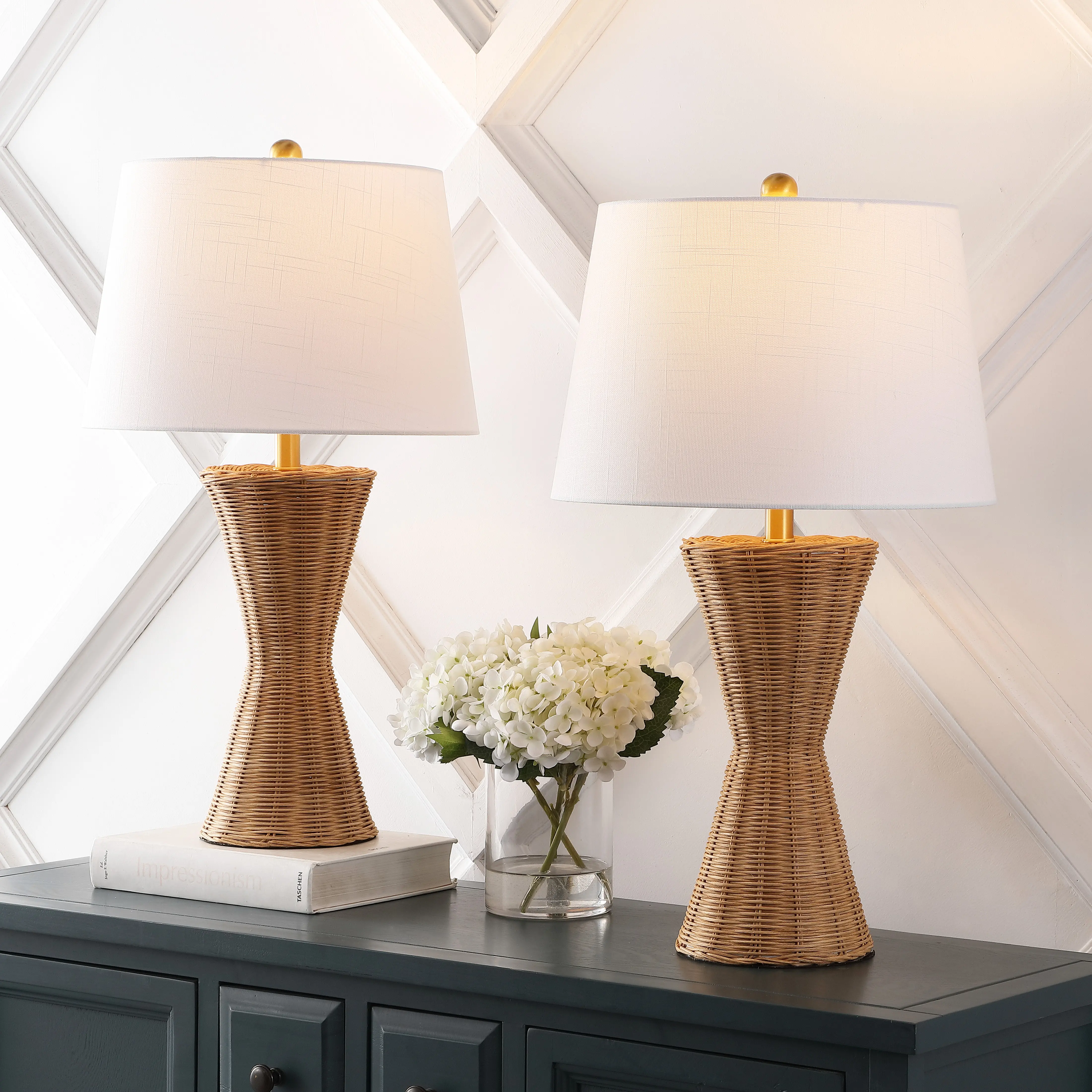 JONATHAN Y Laura Coastal Designer Iron/Rattan Wicker LED Table Lamp , for bedroom, living room, foyer, hallways, dining room, dorms